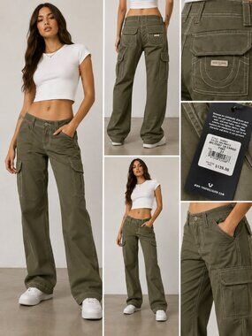 True Religion Women's Military Cargo Pants Kalamata Olive sz 31 MSRP $139